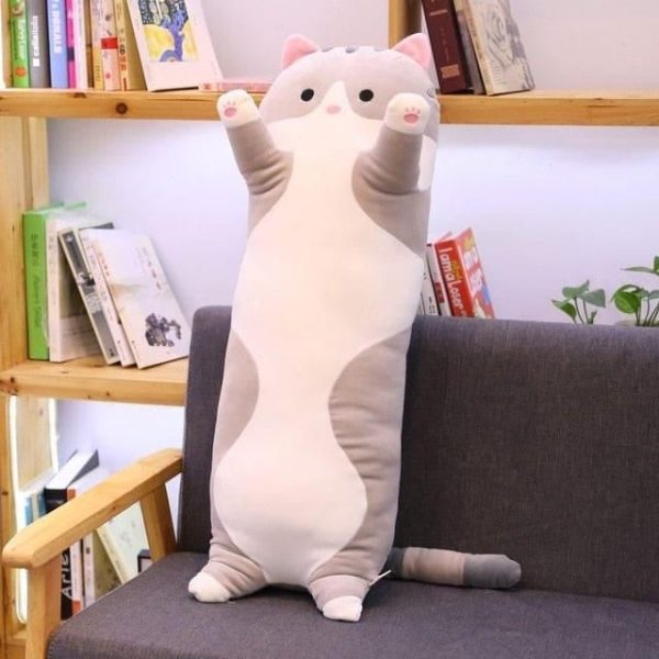 peluche chat allongé gris