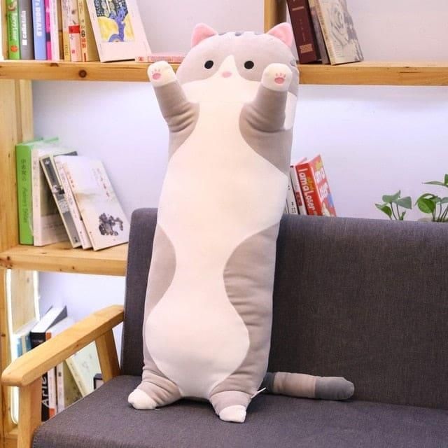 peluche chat allongé gris